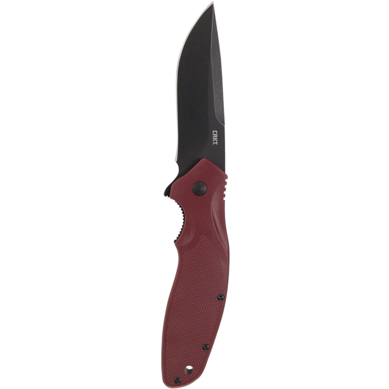 Columbia River Knife & Tool, Shenanigan w/ Plain Edge, 3.35" Drop Point Blade, Stonewashed Finish, 1.4116 Stainless Steel, Assisted, IKBS, Maroon Glass-Reinforced Nylon Handle, Black Blade