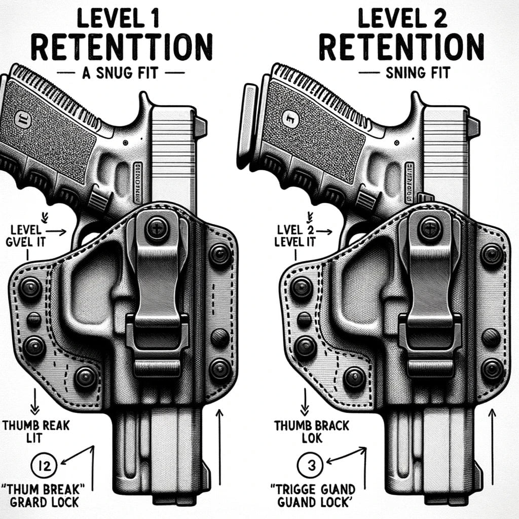 An illustration highlighting the difference in retention mechanisms of Level 1 and Level 2 holsters.