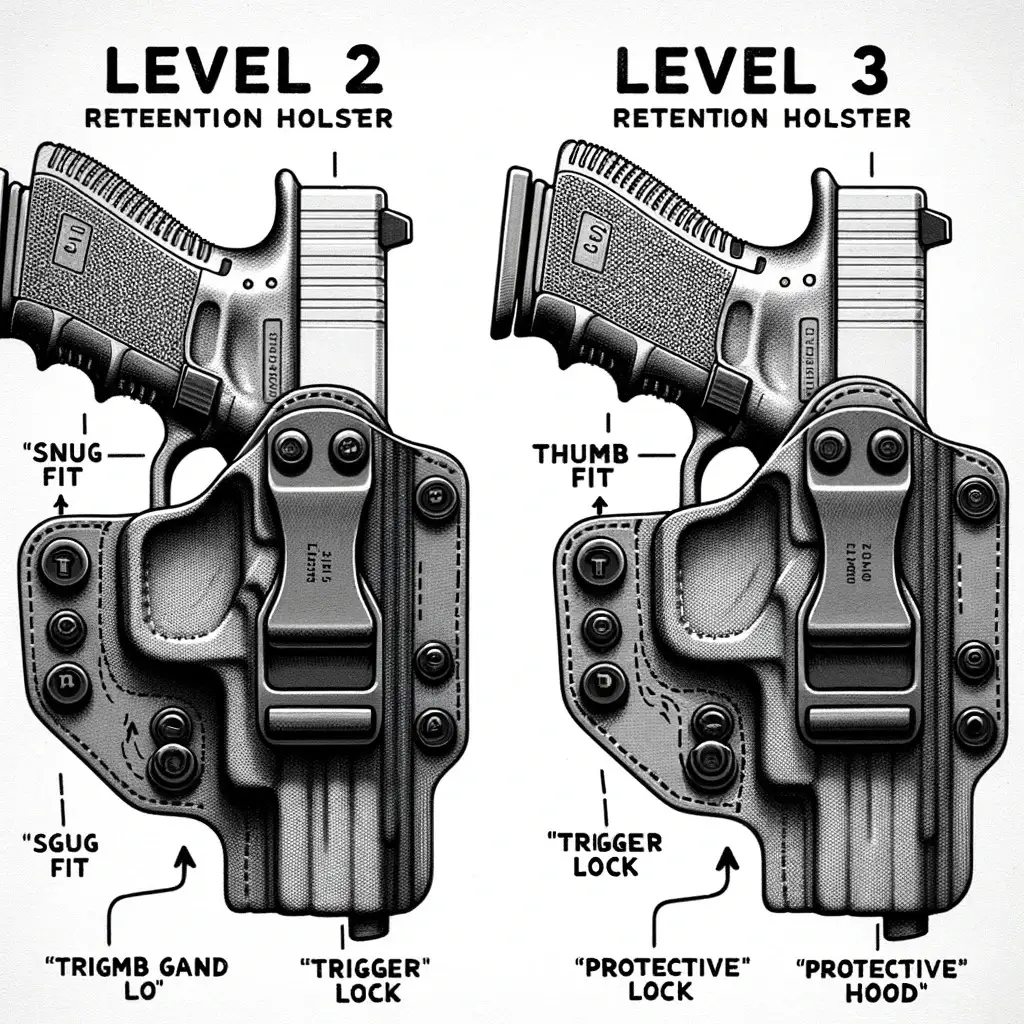 A clear illustration comparing a Level 2 holster and a Level 3 retention holster with labeled annotations.