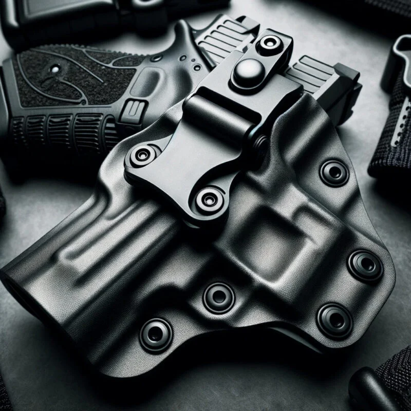 A close-up photo emphasizing the intricate design and security mechanisms of a retention holster.