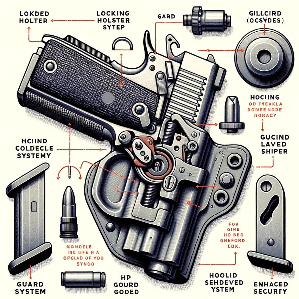 Illustration detailing the mechanism of a locking holster's hood or guard system, emphasizing enhanced security.