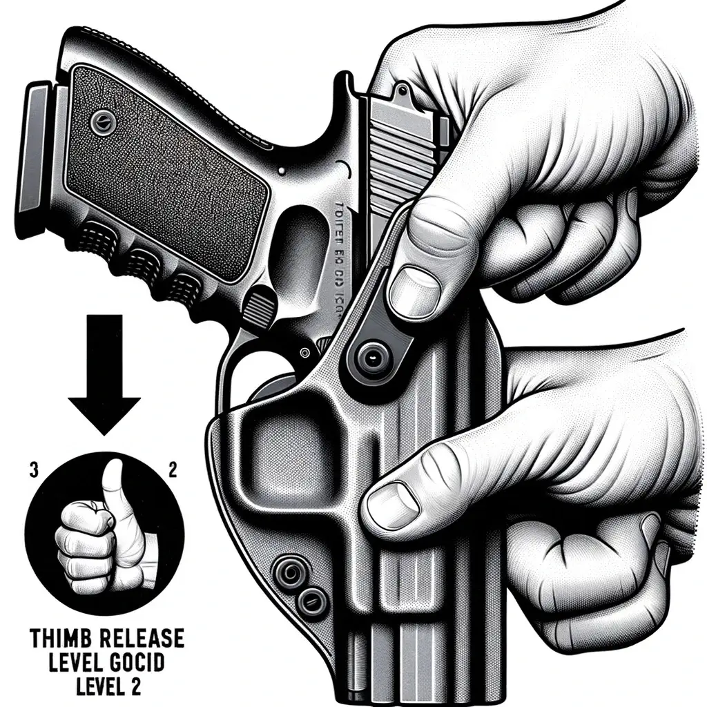 Illustration detailing the thumb action required to release a firearm from a thumb release Level 2 holster.