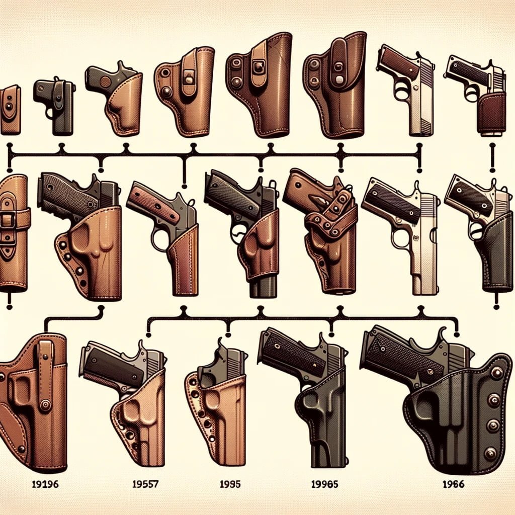 Illustration showing the evolution timeline of holsters, starting from basic leather pouches to modern advanced designs