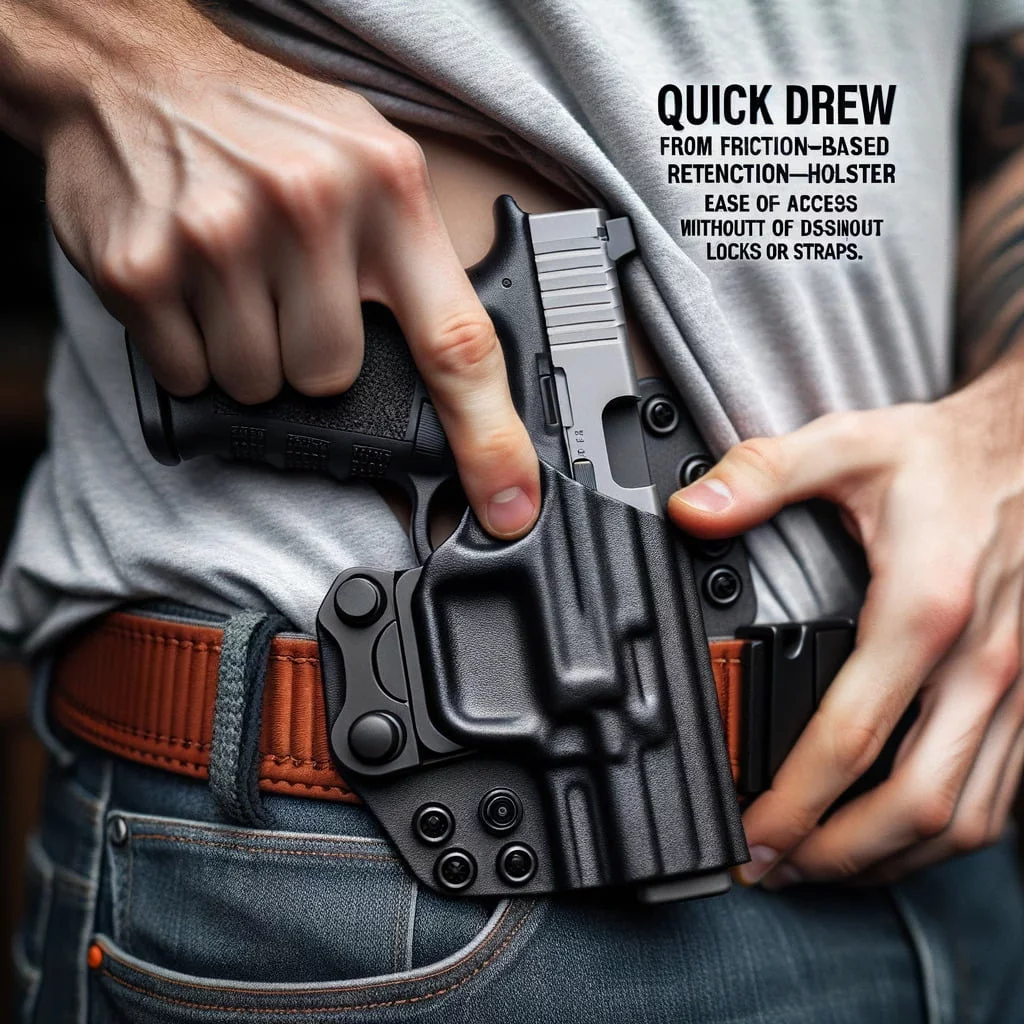 Photo of an individual demonstrating a quick draw from a friction-based retention holster, emphasizing ease of access without the need for additional locks or straps.
