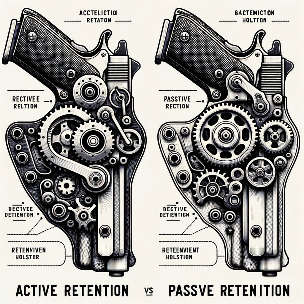 Vector diagram comparing the mechanisms of active and passive retention holsters.