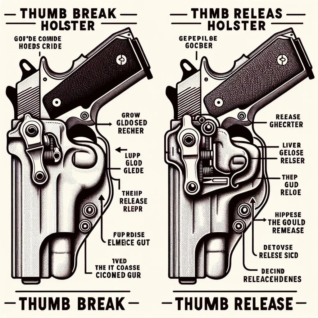 Vector diagram comparing the thumb break holster to the thumb release holster, highlighting their unique release mechanisms.