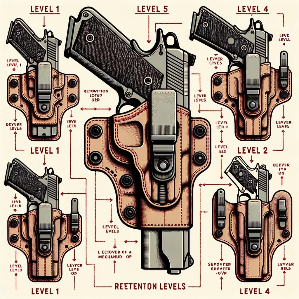 Vector diagram detailing the different retention levels in holsters, with annotations explaining each mechanism.