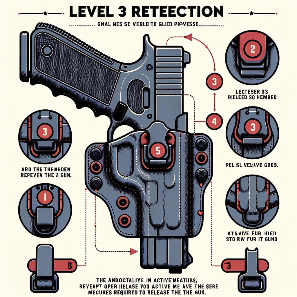 A vector diagram explaining the functionality of a Level 3 retention holster.
