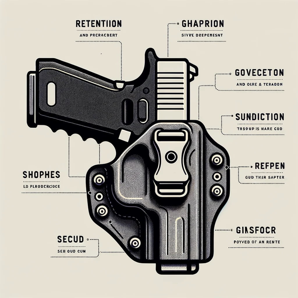 Vector diagram of a retention holster with labels pointing to key security features