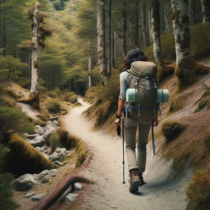 hiker on a clear forest trail, emphasizing the ease and shorter duration of day hiking compared to backpacking