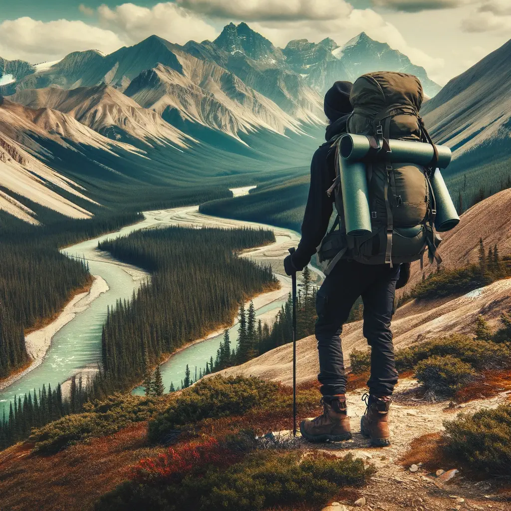 A Black backpacker in their late twenties, equipped with a large backpack for multi-day trips, hiking through a mountainous terrain. The image highlights the adventure and self-sufficiency of backpacking, showcasing the backpacker in rugged outdoor clothing and boots, in a scenic and remote outdoor setting