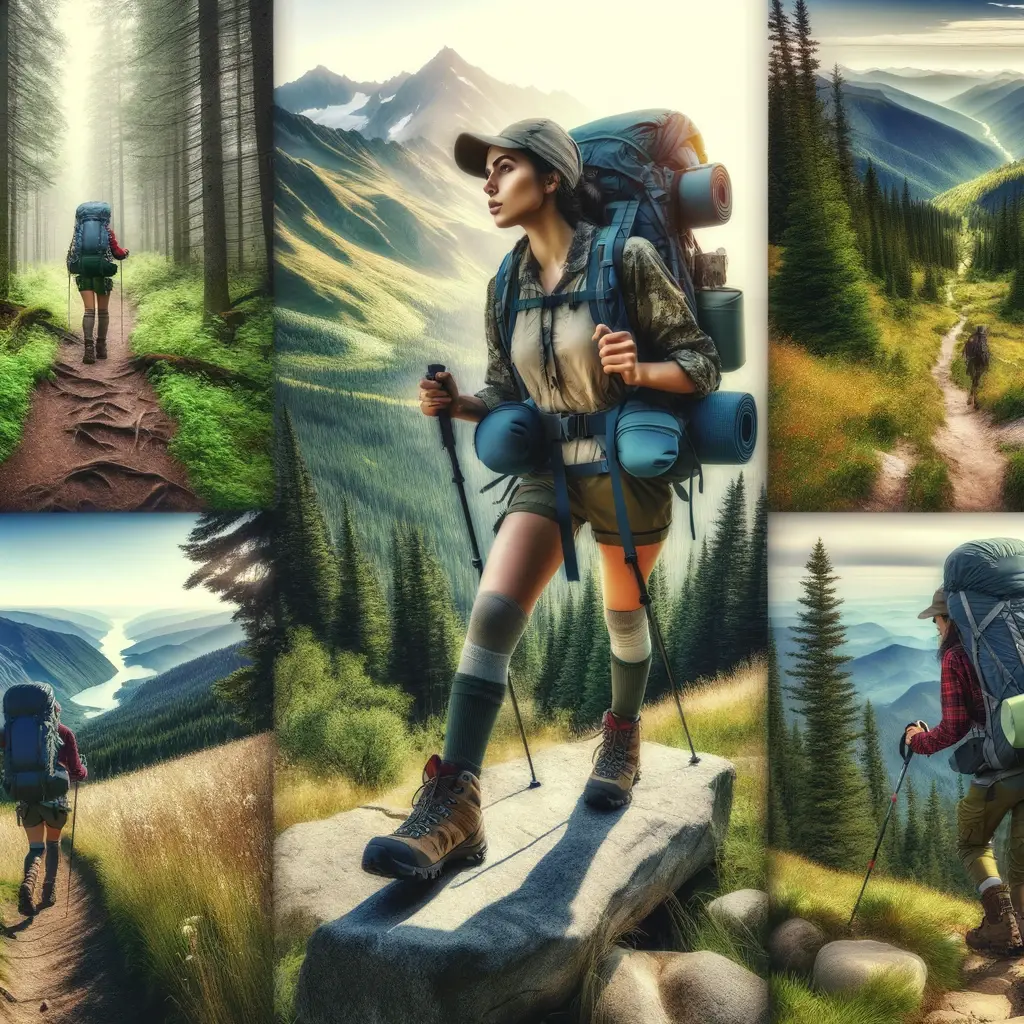 A young Middle-Eastern woman equipped for thru-hiking, with a large backpack, hiking on a long-distance trail. She is shown navigating various terrains such as forests, mountains, and open fields, highlighting the endurance and commitment required for thru-hiking. The image captures her at different stages of her journey, reflecting the changing landscapes and challenges of thru-hiking.